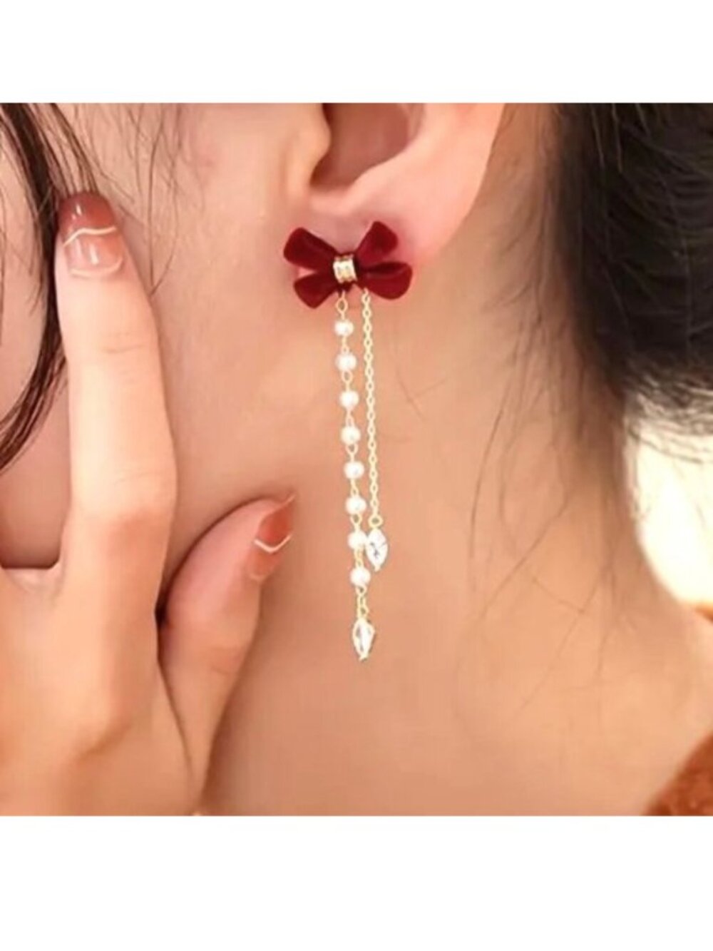 Pearl Earrings Dangle Red Velvet Bow Drop Rhinestones Stylish Glam cute Fashion